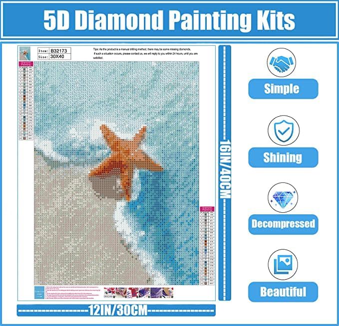 QUITEDEW Beach Diamond Painting, Landscape Diamond Art Kits for Adults, Starfish Diamond Painting Kits for Kids Crafts Gift 12x16 Inch