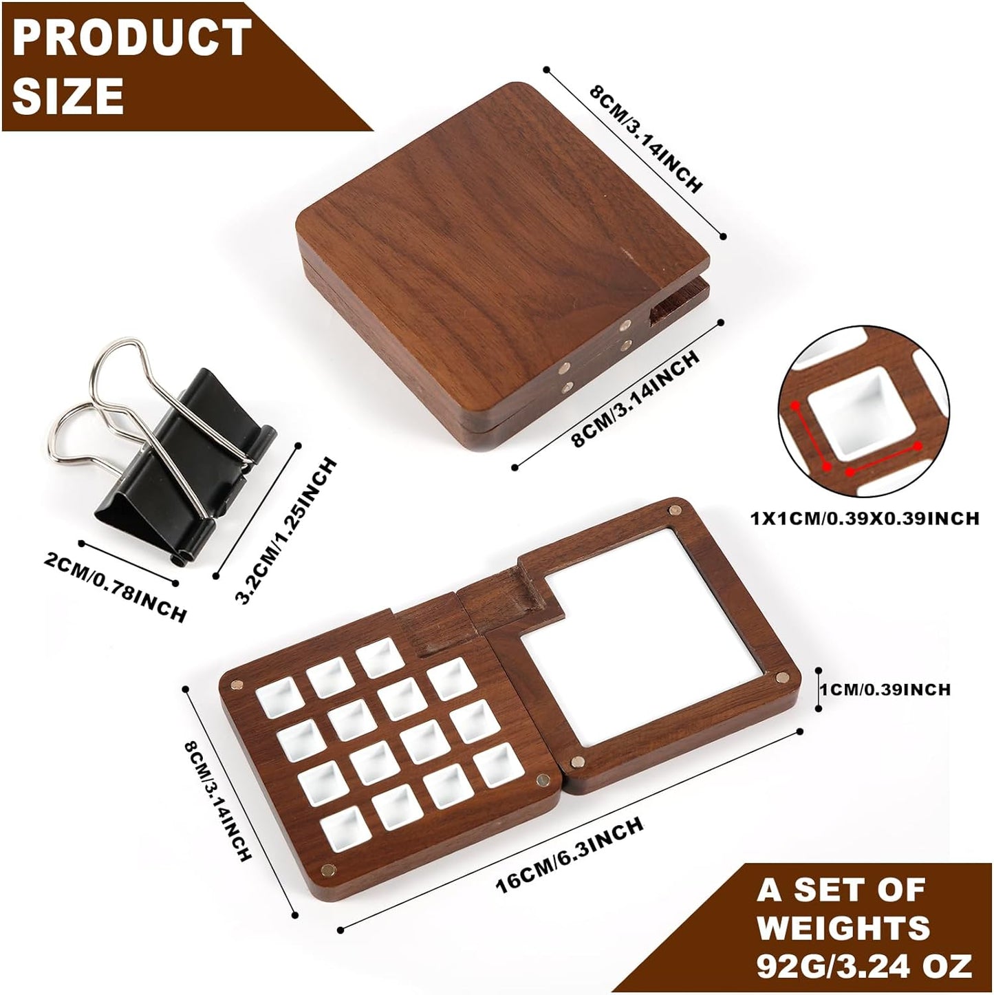Mini Portable Palette, 15 Grids Wooden Tiny Watercolor Palette Empty Small Paint Palette Pocket Magnetic Sketchbook Palette Walnut Travel Paint Tray for Painters and Artists, 1 Clip (Without Pigment)