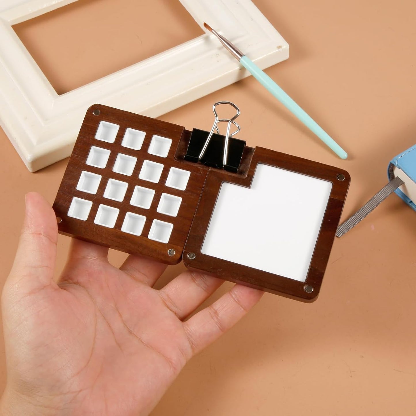 Mini Portable Palette, 15 Grids Wooden Tiny Watercolor Palette Empty Small Paint Palette Pocket Magnetic Sketchbook Palette Walnut Travel Paint Tray for Painters and Artists, 1 Clip (Without Pigment)