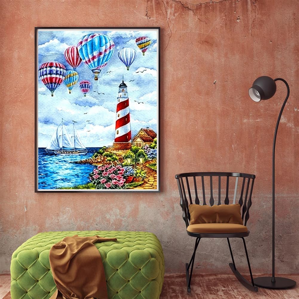 PFFNGPEN Diamond Painting Beach Lighthouse Kits for Adults, 5D Hot Air Balloon Diamond Art Kits for Beginners, DIY Full Drill Gem Art for Home Wall Decor Craft Gifts for Kids 12x16 inch