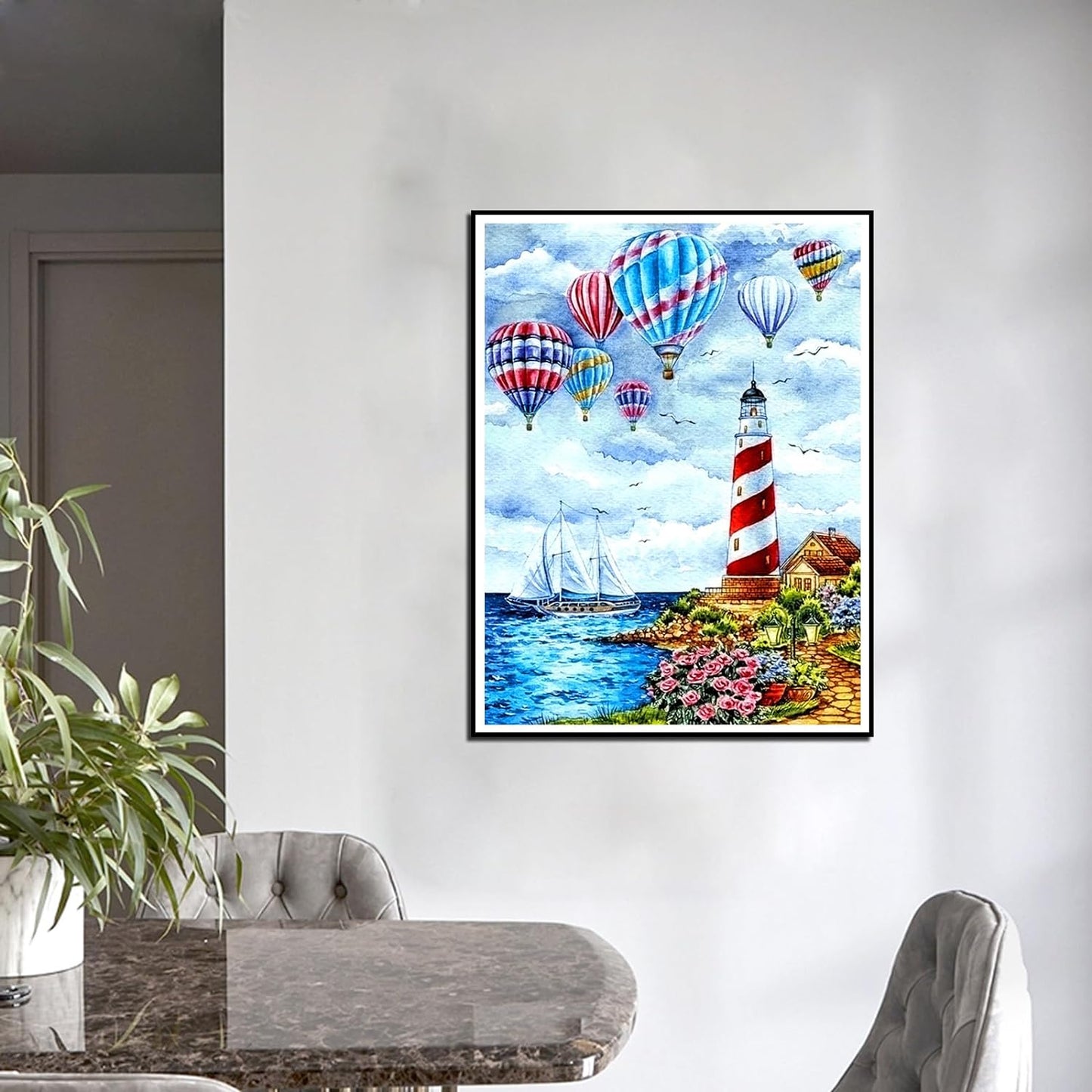 PFFNGPEN Diamond Painting Beach Lighthouse Kits for Adults, 5D Hot Air Balloon Diamond Art Kits for Beginners, DIY Full Drill Gem Art for Home Wall Decor Craft Gifts for Kids 12x16 inch