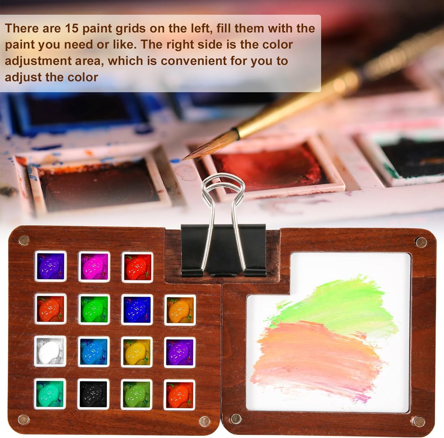 Mini Portable Palette, 15 Grids Wooden Tiny Watercolor Palette Empty Small Paint Palette Pocket Magnetic Sketchbook Palette Walnut Travel Paint Tray for Painters and Artists, 1 Clip (Without Pigment)