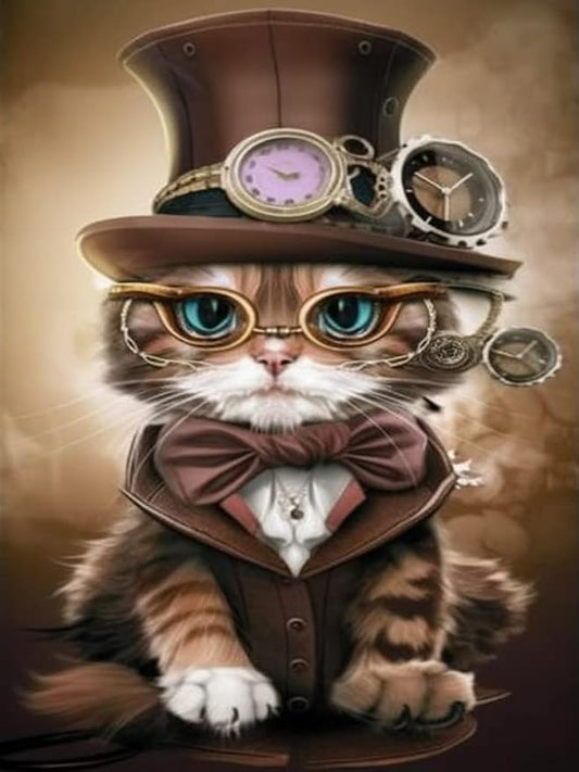 Ginfonr 5D DIY Mosaic Diamond Painting Kits Cat Glasses Hat Full Drill, Paint with Diamonds Art Animals Cross Stitch Embroidery Rhinestone Craft for Home Office Wall Decor 12x16 Inch