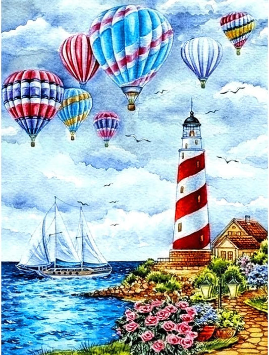 PFFNGPEN Diamond Painting Beach Lighthouse Kits for Adults, 5D Hot Air Balloon Diamond Art Kits for Beginners, DIY Full Drill Gem Art for Home Wall Decor Craft Gifts for Kids 12x16 inch
