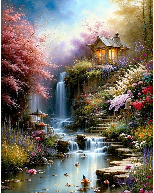 askkqtx Landscape Paint by Number for Adults Canvas,Cabin Paint by Numbers for Adults Beginner,Waterfall Acrylic Watercolor Paint by Number,DIY Oil Painting for Home Wall Decor Gifts (16 x 20inch).