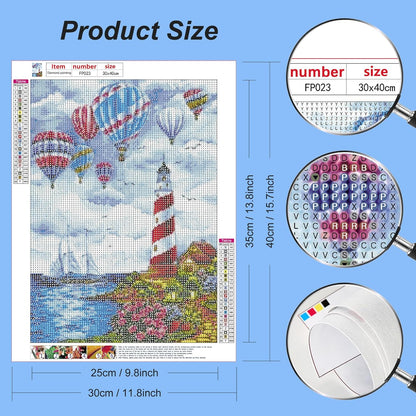 PFFNGPEN Diamond Painting Beach Lighthouse Kits for Adults, 5D Hot Air Balloon Diamond Art Kits for Beginners, DIY Full Drill Gem Art for Home Wall Decor Craft Gifts for Kids 12x16 inch